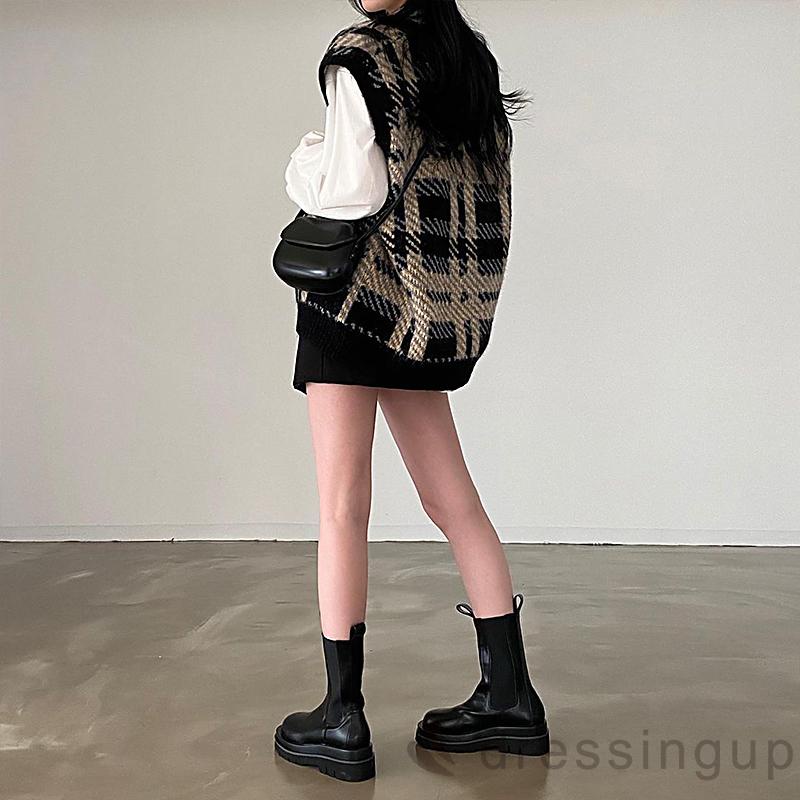 Áo sweater cổ chữ V không tay in họa tiết caro màu sắc cổ điển cho nữ