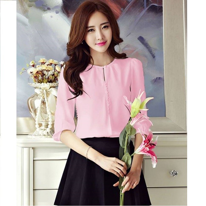 SƠ MI NỮ CỔ TRÒN PHỐI CÚC TAY LỠ