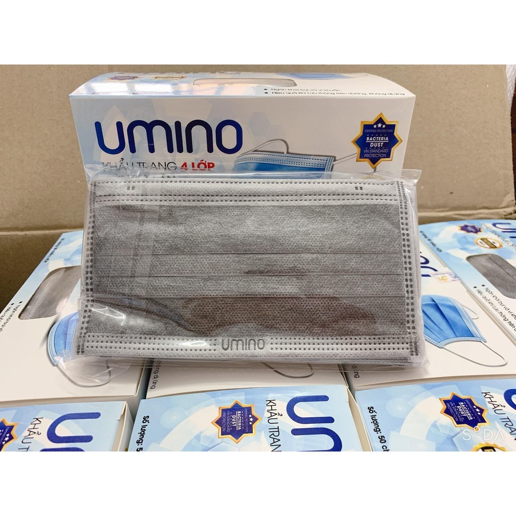 Khẩu trang y tế 4 lớp UMINO chính hãng, chống giọt bắn, khói bụi, hộp 50 cái có logo, giấy tờ đầy đủ