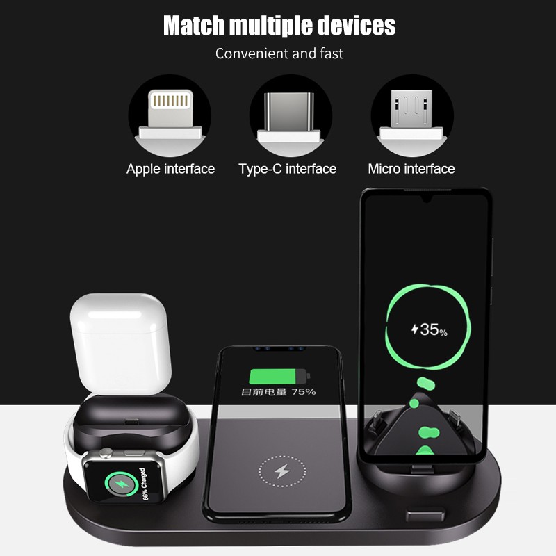 Đế Sạc Không Dây Qi 6 Trong 1 10w Cho Iphone / Android / Đồng Hồ Apple Watch Airpods