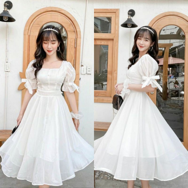 Váy trắng tay bồng đính nơ tiểu thư | BigBuy360 - bigbuy360.vn
