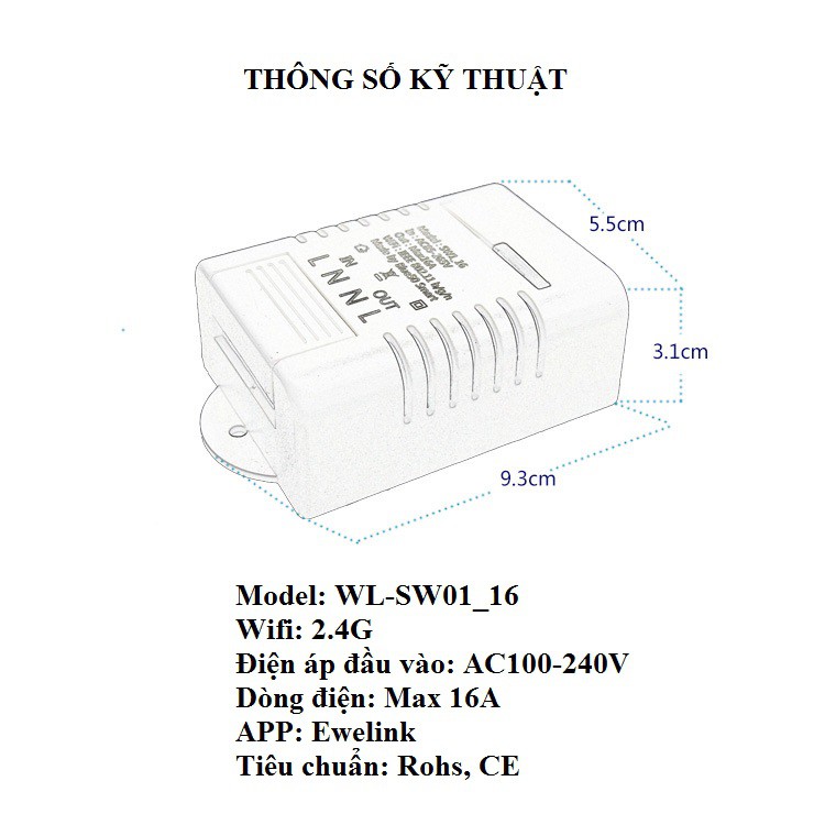 (BAO HANH 12 THANG ) Công tắc điều khiển từ xa đa năng qua Wifi 16A ( CỐNG SUẤT LỚN 3500W )