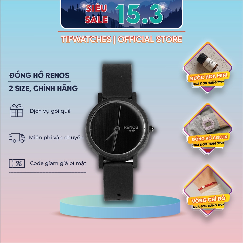 Đồng hồ cặp nam nữ dây cao su RENOS TRƠN full black đồng hồ đôi size 26mm & 38mm Watchesbytif thể thao cá tính