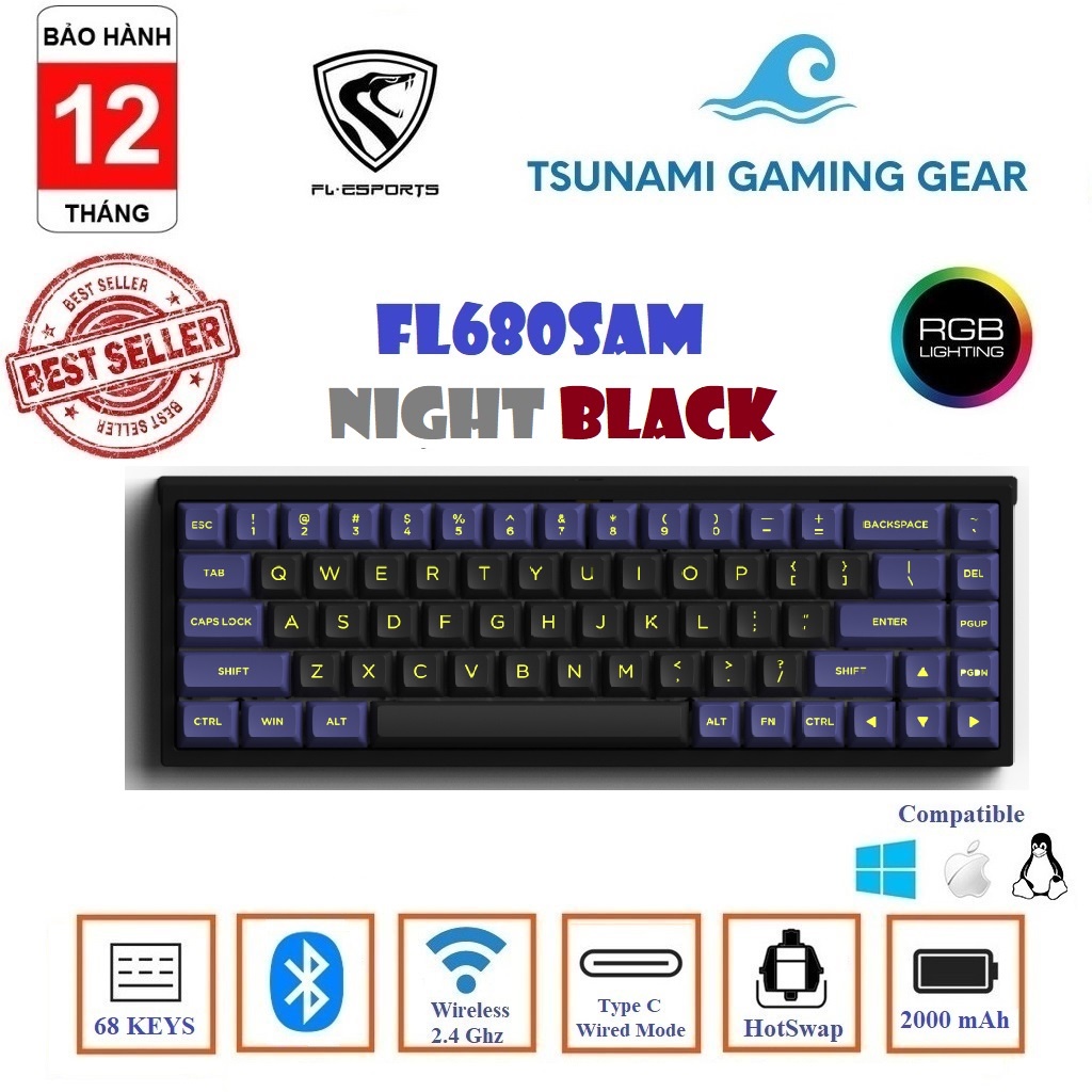 Phím cơ FLEsports FL680 SAM Night Black RGB/ Bluetooth / Wireless 2.4Ghz / Gateron Cap