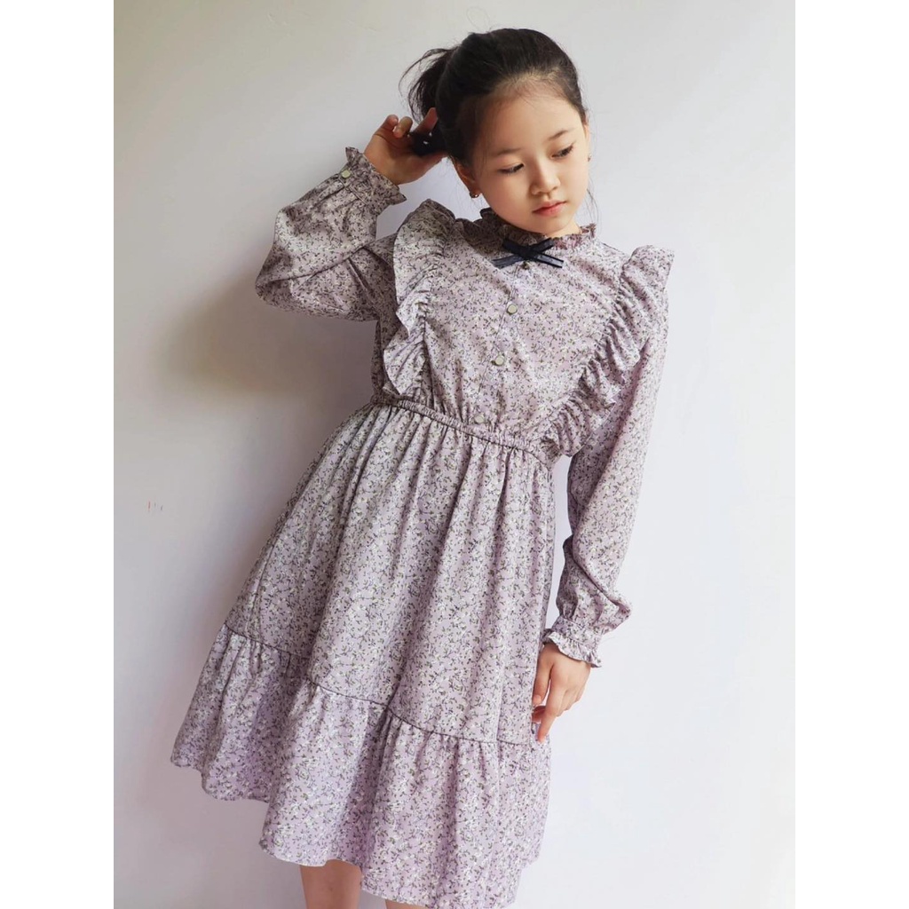 Váy bé gái xuất Hàn 2 lớp hoa nhí nơ đen cổ bèo