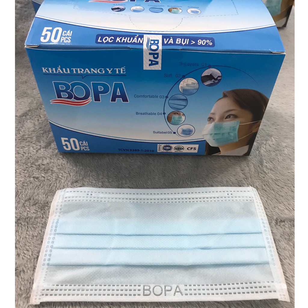 Hộp 50 khẩu trang y tế màu Xanh 4 lớp kháng khuẩn Bopa | BigBuy360 - bigbuy360.vn