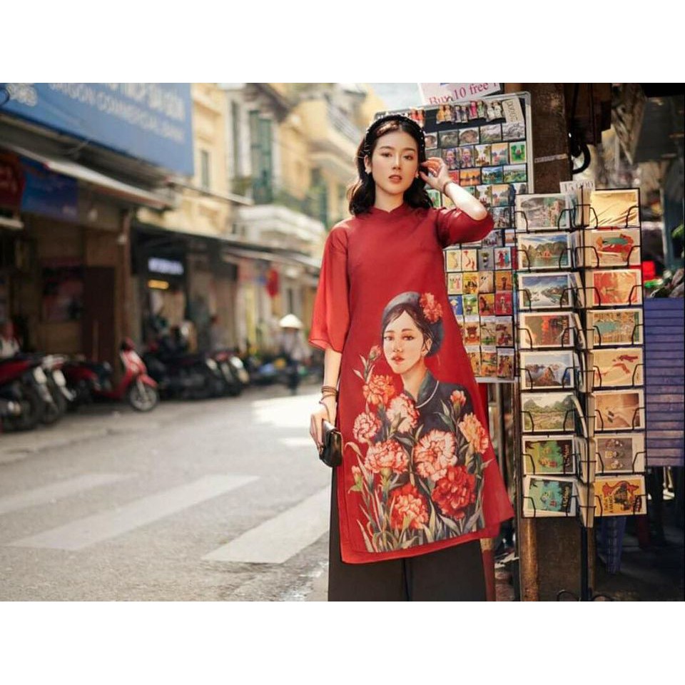 ÁO DÀI CÁCH TÂN 2 LỚP 4 TÀ HỌA TIẾT CÔ GÁI HOA