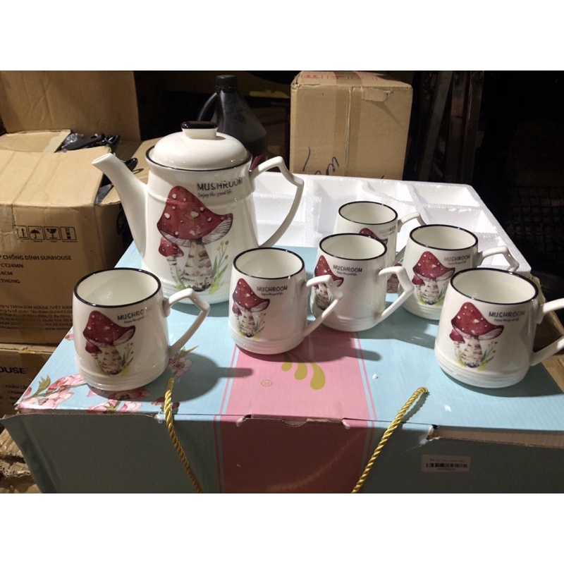 Bộ bình ly uống trà kèm khay bằng sứ cao cấp nguyên hộp làm quà tặng sang trọng