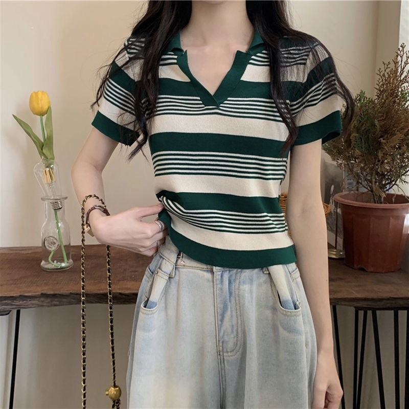 Áo Thun Tay Ngắn Họa Tiết Sọc Thời Trang Mùa Hè Dễ Phối Đồ Cho Nữ