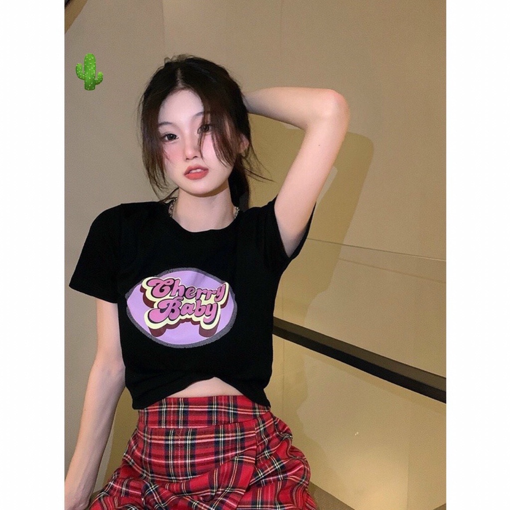 Áo kiểu croptop tay ngắn in hình chữ màu cực hot , chất thun bozip mềm mịn