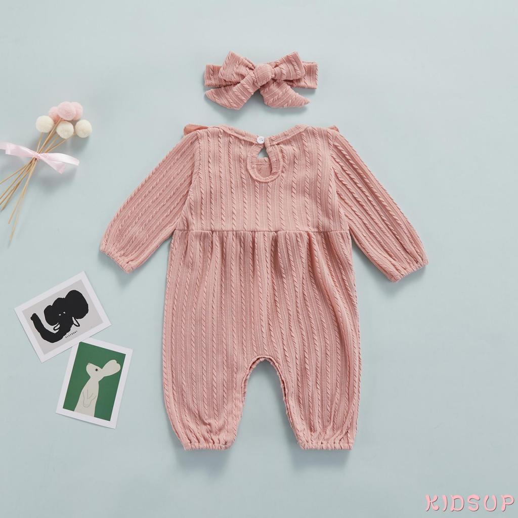 Set Áo liền quần tay dài cổ tròn + băng đô cài tóc nhiều màu sắc cho bé