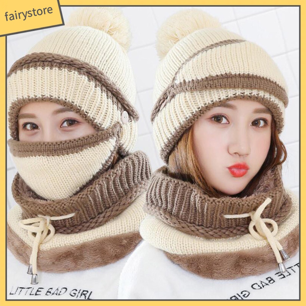 Set 3 Món Mũ Len Trùm Đầu &amp; Khăn Choàng Cổ Đính Quả Bông