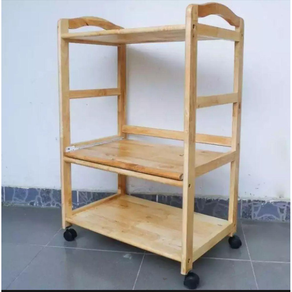 Kệ đa năng 3 tầng gỗ cao su, có bánh xe