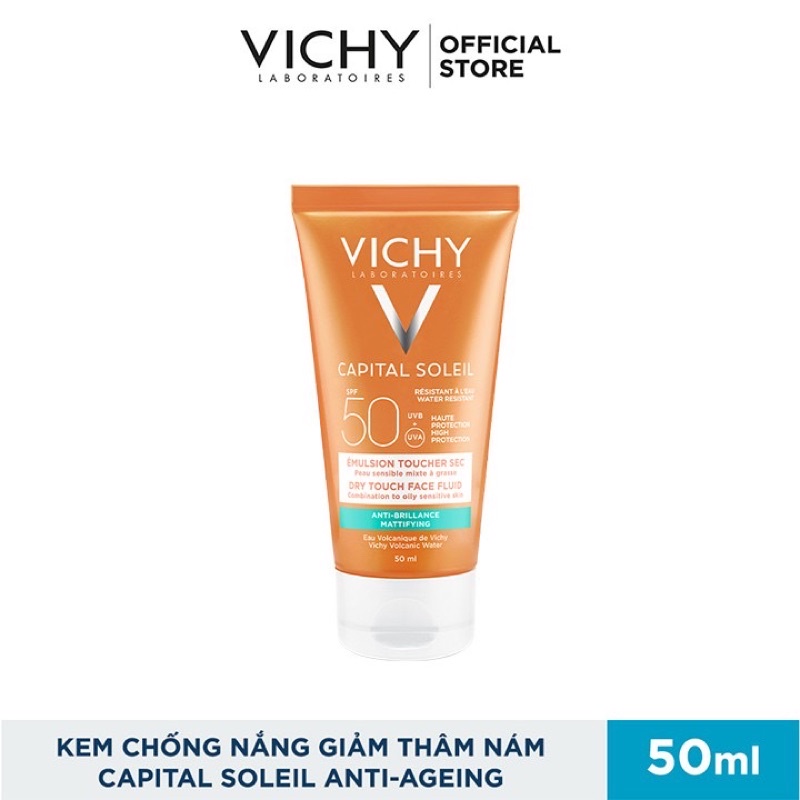 Kem chống nắng không màu không gây nhờn rít Vichy Capital Soleil Mattifying Dry Touch Face Fluid SPF50 UVB+UVA 50ml