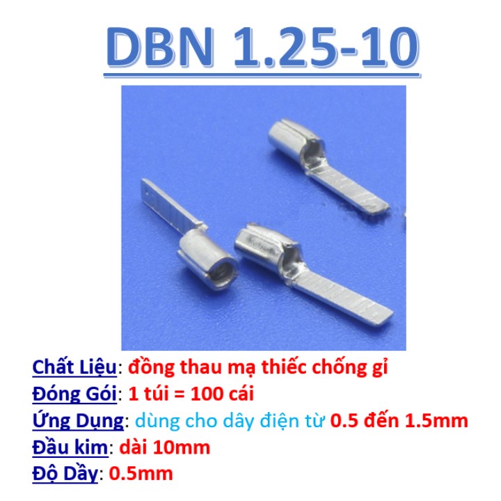 Đầu cos dây điện pin dẹp trần DBN 1.25 DBN 2, đầu cốt kim dẹt bấm dây 0.5mm 2.5mm, cosse đồng nối aptomat