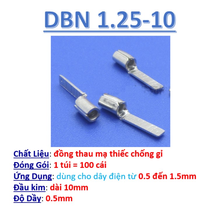 Đầu cos pin dẹp trần DBN 1.25, DBN 2 100cái✴️cốt bấm nối dây điện 0.5mm - 1.5mm, cosse kim dẹt bằng đồng đấu CB aptomat