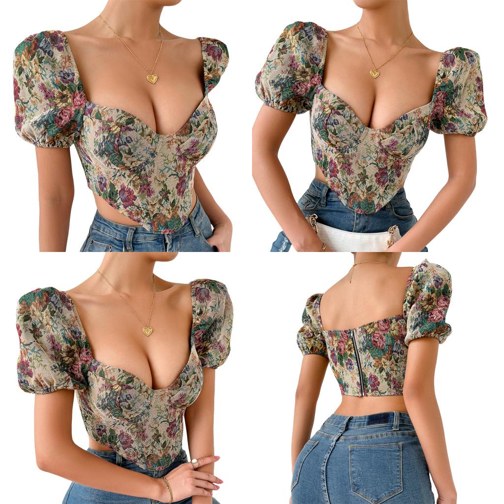 Áo Croptop Ngắn Tay Cổ Chữ V Khoét Sâu Lưng Khóa Kéo Thời Trang Mùa Hè Cho Nữ