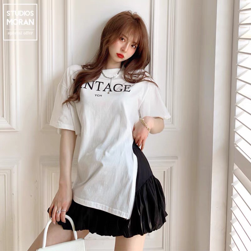 Set Bộ Áo Vintage Xẻ Tà + Chân Váy Bánh Bèo Tầng Hot Trend Ulzzang Thời Trang Nữ