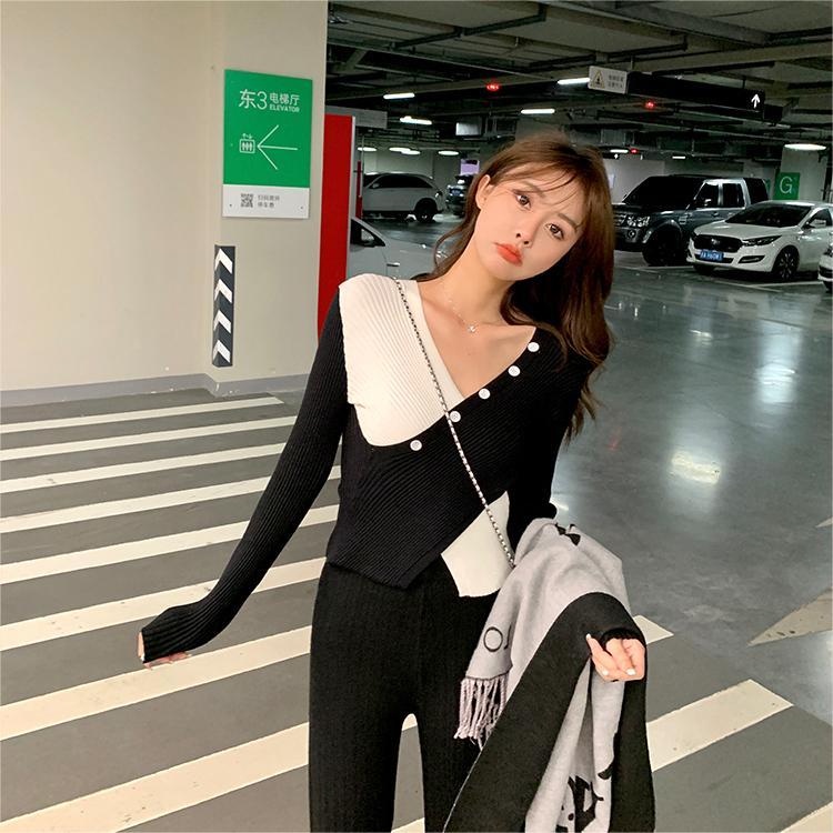 ZHELIHANGFEI Áo Dệt Kim Tay Dài Cổ Chữ V Chéo Eo Cao Dáng Ôm Gợi Cảm Dễ Phối