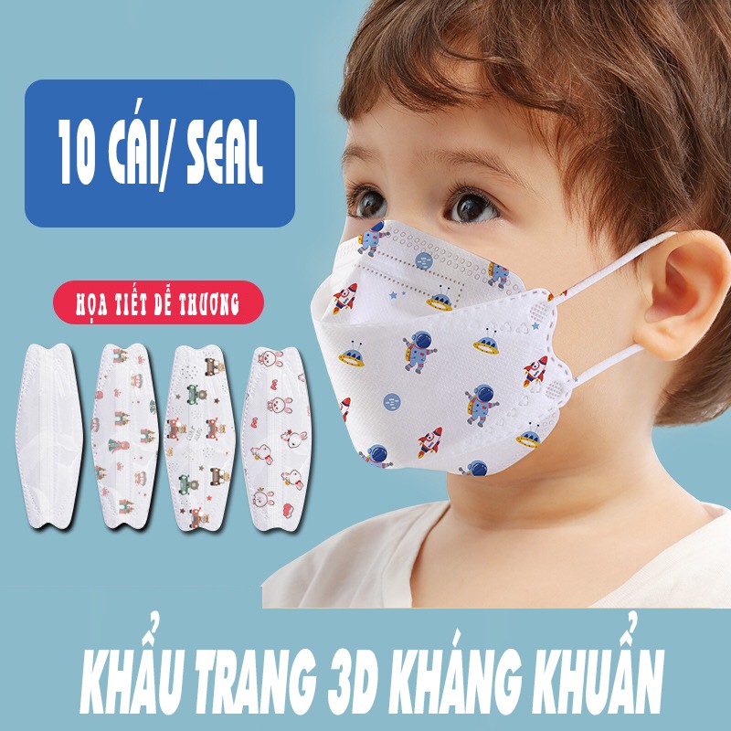 Khẩu trang trẻ em 3D KF94 cao cấp, kháng khuẩn, 4 lớp, họa tiết dễ thương( túi 10 chiếc)