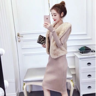 set gile lông thú +váy len dáng ôm siêu sang chảnh
