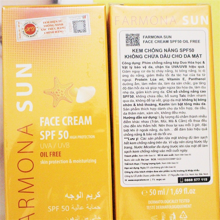 [NHẬP KHẨU-TEM PHỤ]Kem Chống Nắng Farmona Sun Face Cream Oil Free Cho Da Dầu Mụn 50ml, Không Chứa Dầu Cho Da Mặt s