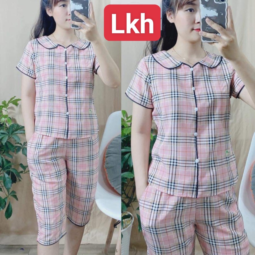 bộ lửng kẻ tay ngắn quần qua gối phối lé sét ngủ mêm min mát không nhăn