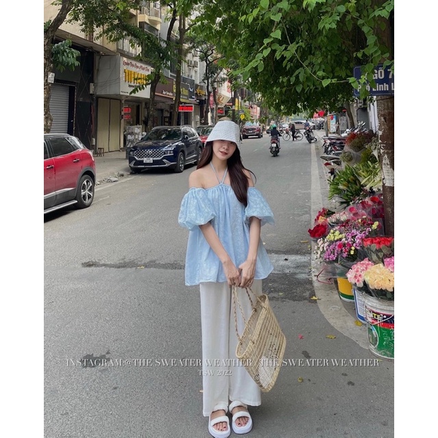 Áo trễ vai hoa nổi tay phồng mặc 2 kiểu the.sweaterweather TSW (Ảnh thật) | BigBuy360 - bigbuy360.vn