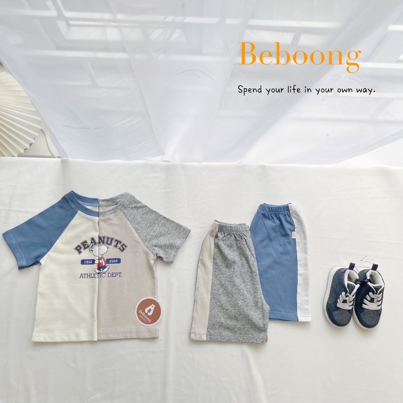 Bộ cộc tay bé trai hoạ tiết snoopy Beboong, màu sắc nhẹ nhàng sáng da, chất cotton mềm nhẹ siêu thoáng