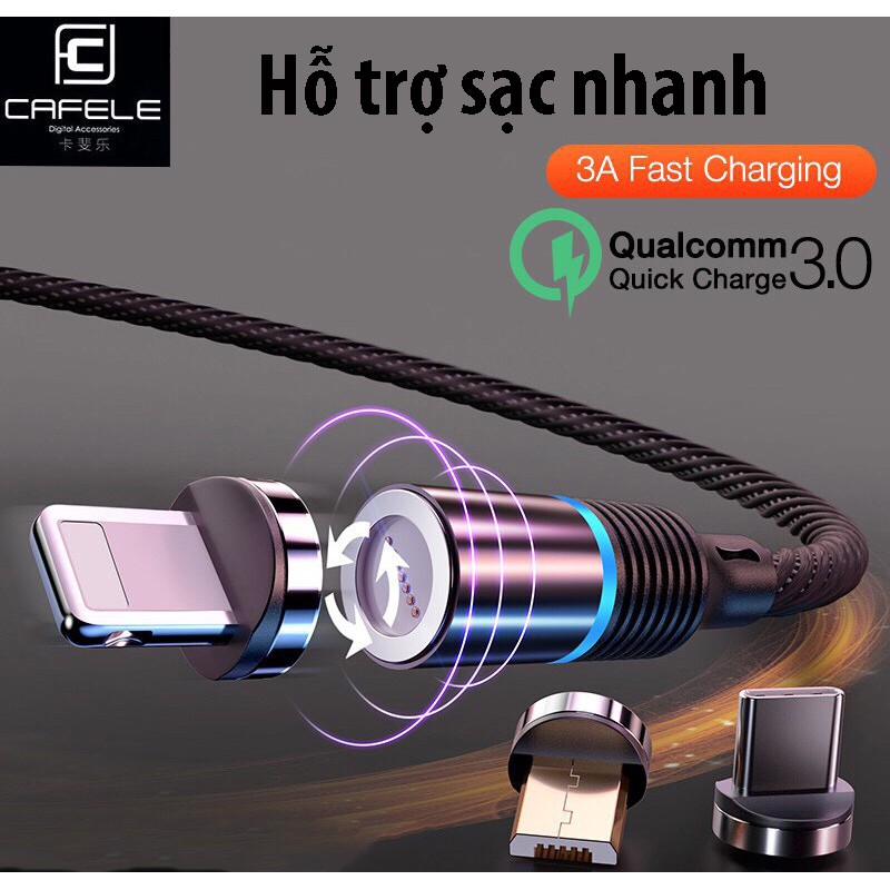 Cáp sạc nam châm CAFELE thế hệ mới 2019,lực hút siêu mạnh, sạc nhanh QC 3.0 micro USB, Iphone, USB Type C