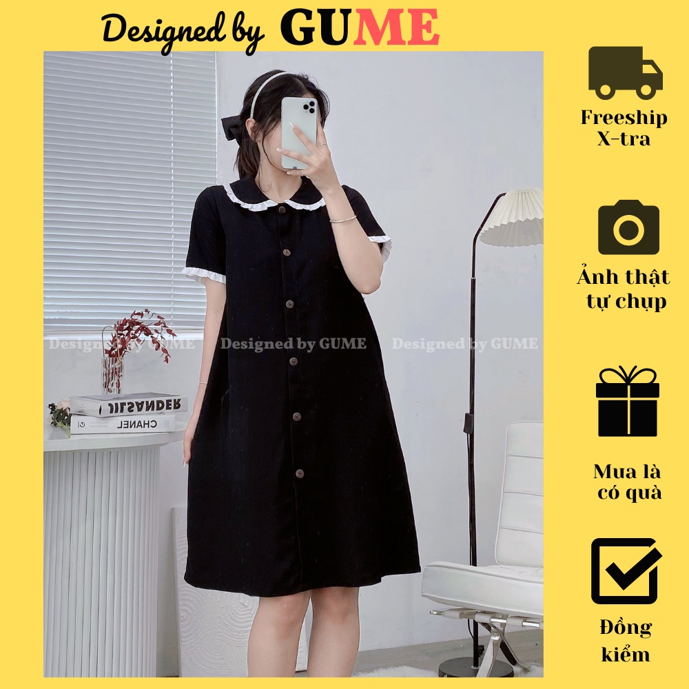 Đầm Bầu Công Sở - Váy Bầu GUME màu đen dáng suông cổ sen cúc gỗ dọc tay cộc chất vải sạn lụa mềm MB93- ảnh thật