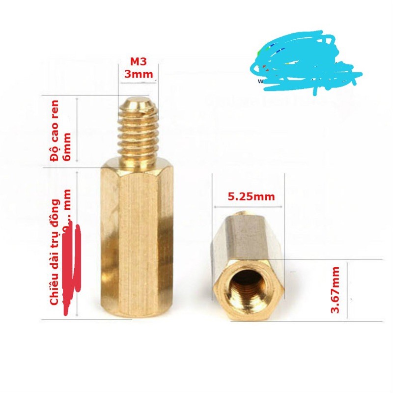 Cọc đồng ren M3 dài 6mm