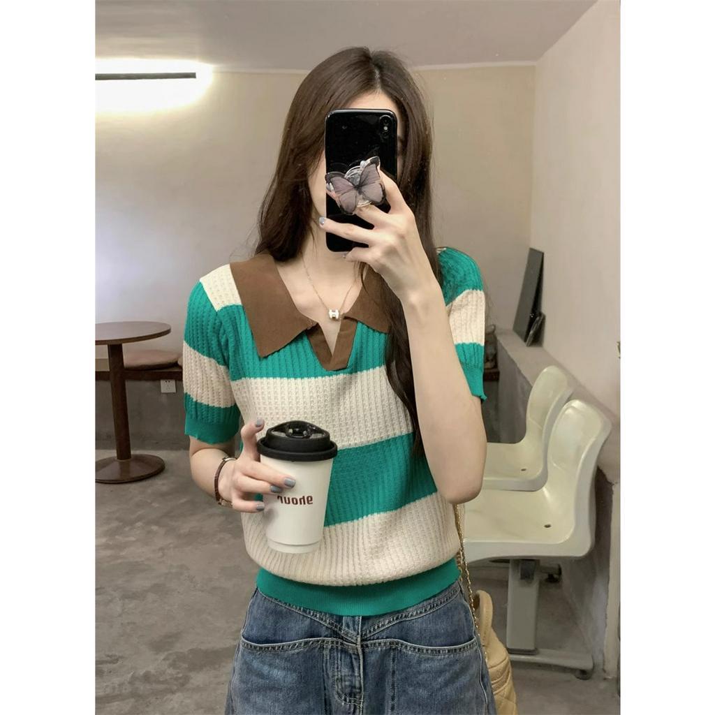 ZHELIHANGFEI Áo Thun Ngắn Tay Cổ Chữ v Form Rộng Họa Tiết Kẻ Sọc Màu Sắc Tương Phản Phong Cách Hàn Quốc