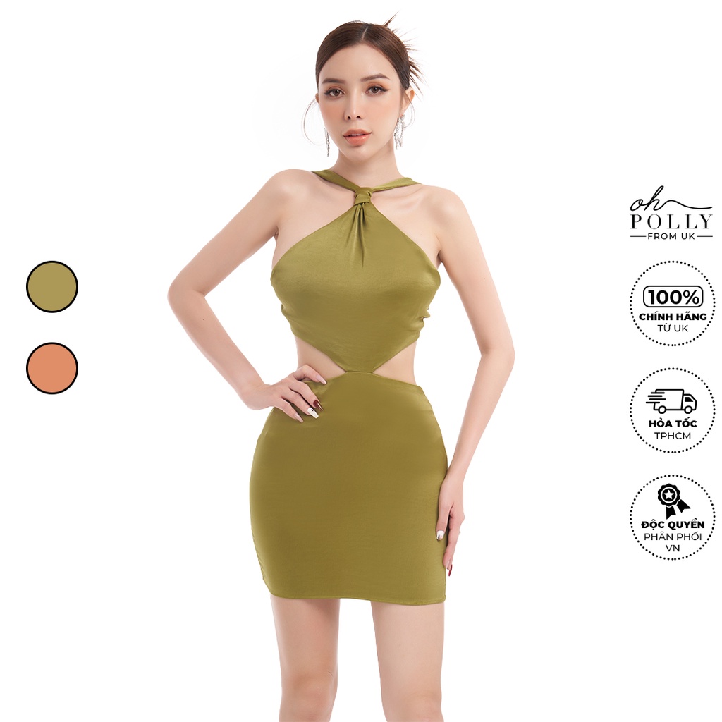 Oh Polly - Đầm nữ dự tiệc cổ yếm lụa satin hở lưng sang trọng, vải satin mềm mịn cột nơ phía sau sexy