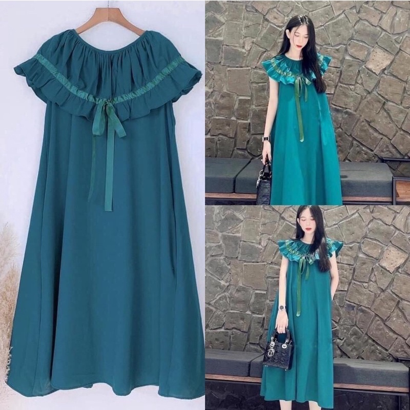 (đủ size 40-100kg)Váy bầu,đầm bầu bigsize đến 100kg màu xanh cực lạ mắt kết hợp với bèo và nơ cực điệu