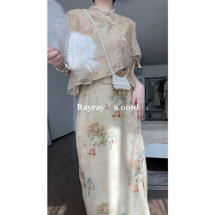 Bộ Áo + Chân Váy Sườn Xám Cách Tân Chất Liệu Chiffon Phong Cách Trung Hoa Cổ Điển Thời Trang 2022 07.28