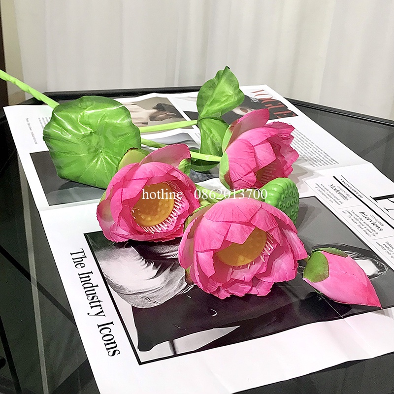 Hoa Giả- Cành Hoa Sen Lụa Cao Cấp 3 Bông 1 Nụ Kèm Lá 90cm Trang Trí Decor Siêu Xinh