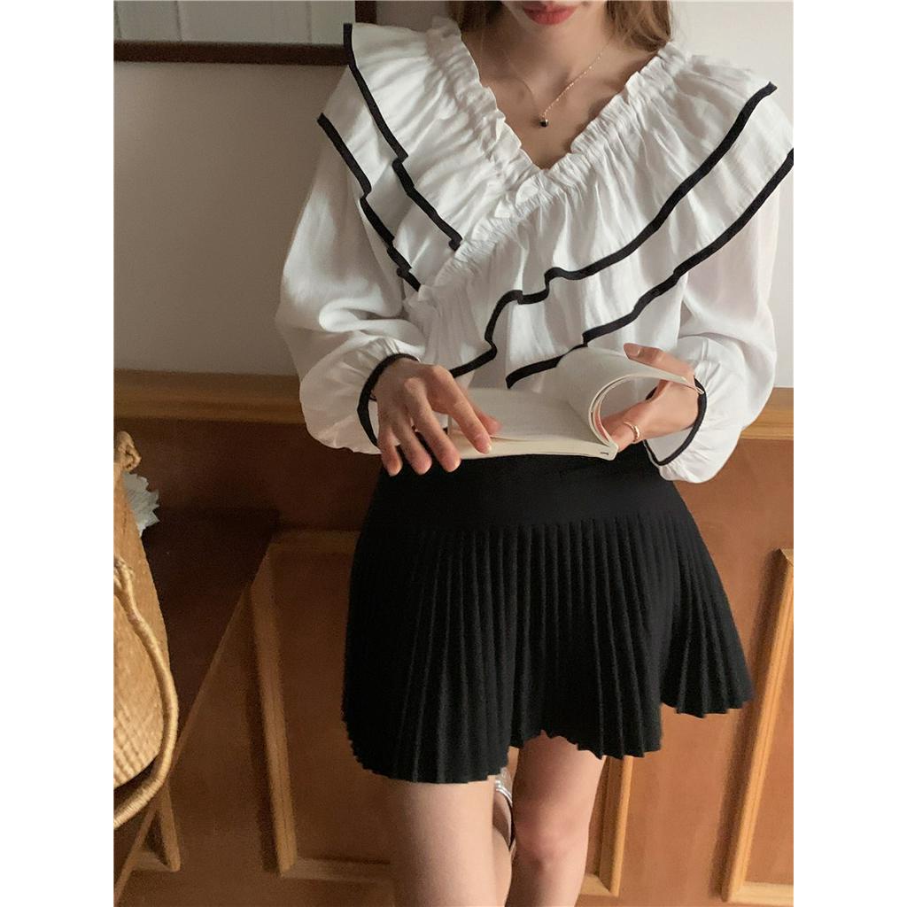 Áo Sơ Mi Cổ V Dài Tay Phối Bèo Nhún Màu Sắc Tương Phản Ngọt Ngào 629