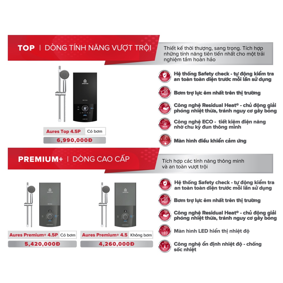 Máy nước nóng trực tiếp Ariston Aures Premium+ 4.5P Có Bơm trợ lực, Aures Premium+ 4.5 Không bơm, Dòng cao cấp