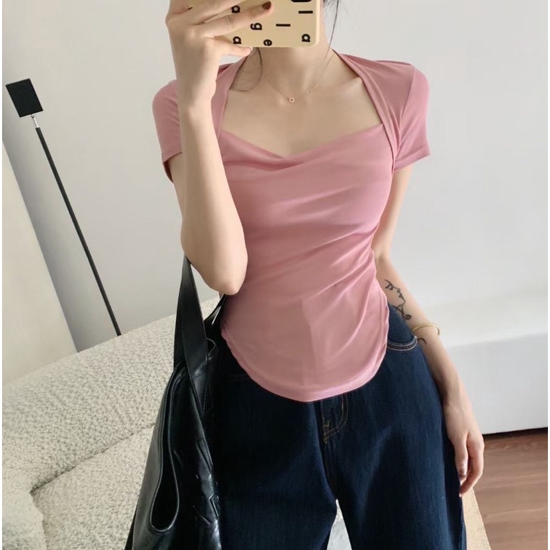 Áo Thun Nữ Tay Ngắn Cổ Vuông Bo Eo Vạt Bầu Chất Vải Thun Mềm Mại Titifa Shop