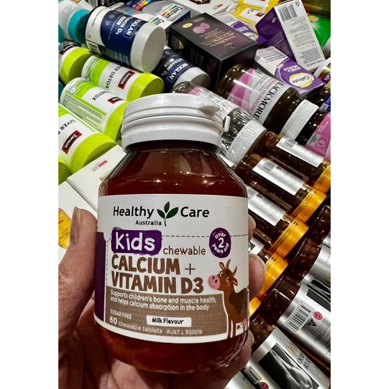 Viên Nhai Canxi + Vitamin D3 Cho Bé Từ 2 Tuổi Healthy Care Kids Calcium + Vitamin D3 60 Viên Hàng Úc Chí