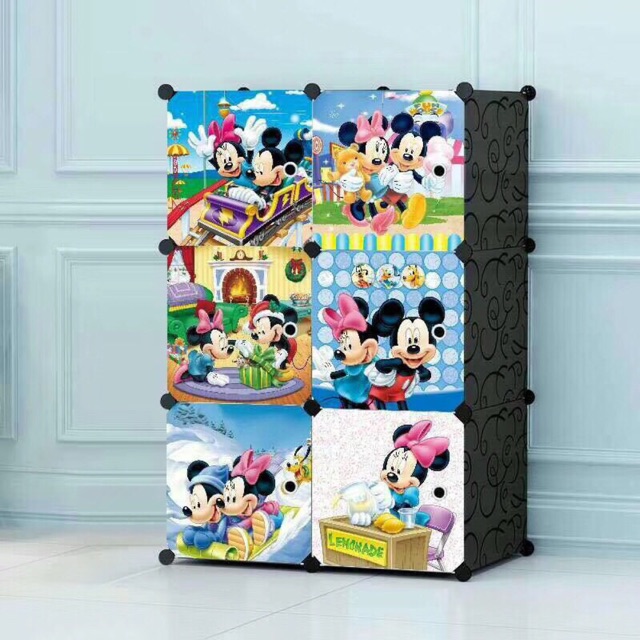 TỦ NHỰA QUẦN ÁO LẮP GHÉP 6 Ô SÂU 47cm. Tặng kèm 1 treo đồ. Thân đen cửa mickey mẫu mới nhất.