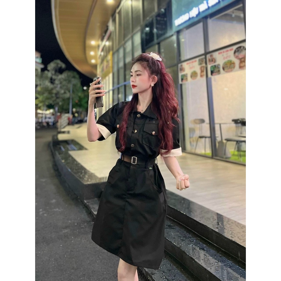 Váy đầm nữ sơ mi phối túi kèm đai da trẻ trung thanh lịch