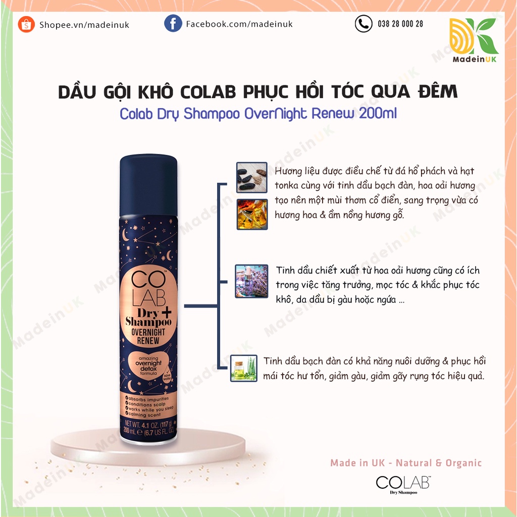 Dầu Gội Khô Colab Nuôi Dưỡng Tóc Qua Đêm | Colab Plus Dry Shampoo Overnight Renew 200ml
