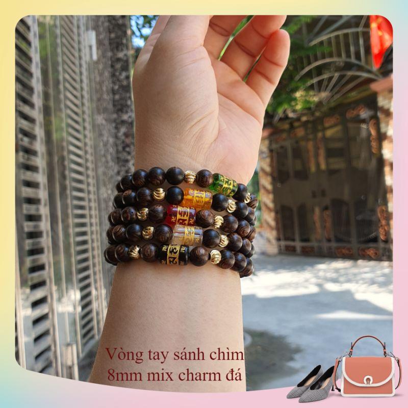 Vòng tay sánh chìm mix charme đá hạt tròn, size 8mm.