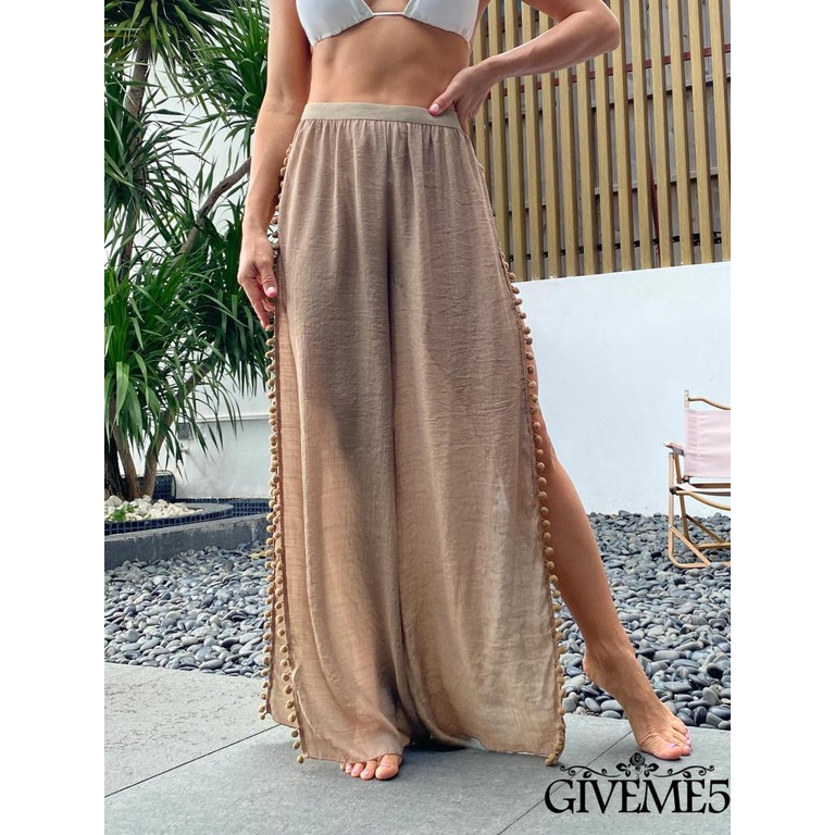 Quần Đi Biển Eo Cao Hai Mặt Trang Trí Bóng Lông Và Bóng Lông Eo Cao Cho Nữ