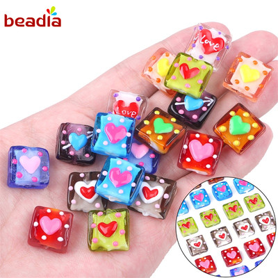 Hạt cườm BEADIA bằng thủy tinh hình vuông mặt trái tim vẽ tay dùng làm trang sức DIY