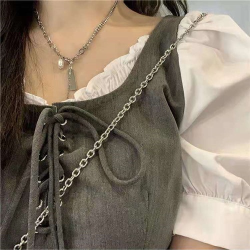 Đầm tay ngắn dáng chữ A phong cách Retro Hàn Quốc xinh xắn, Đầm ngắn tay hai lớp màu xám ngọt ngào - VN010