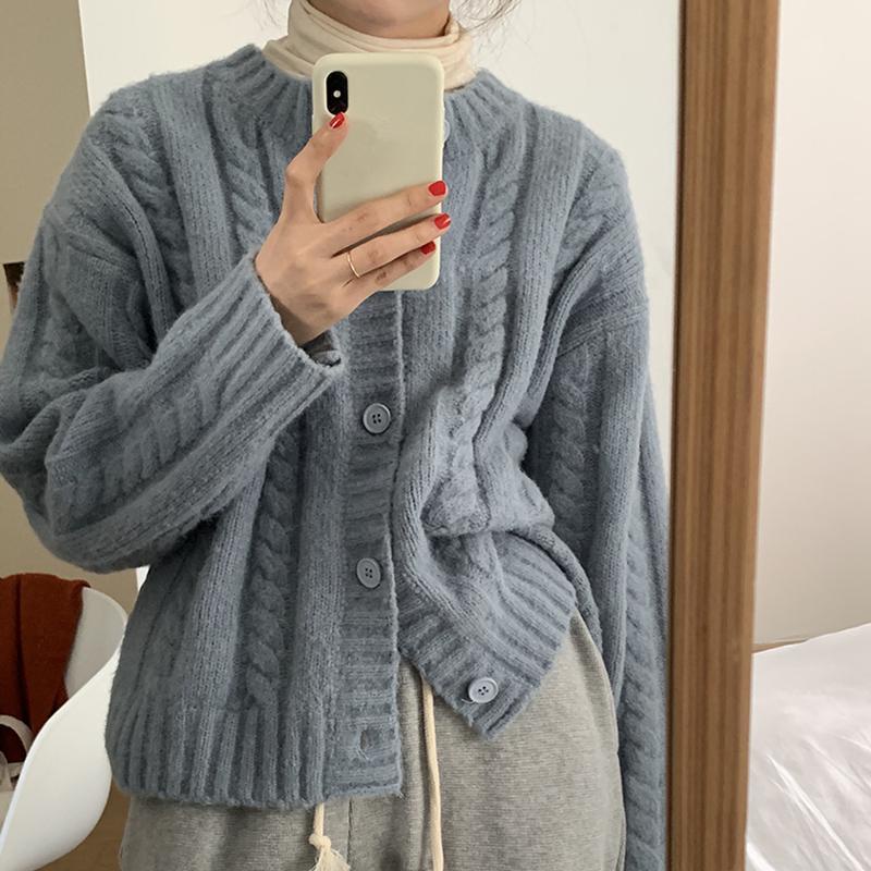 Áo khoác cardigan dệt kim mềm mại họa tiết xoắn cổ tròn màu trơn phong cách Hàn Quốc