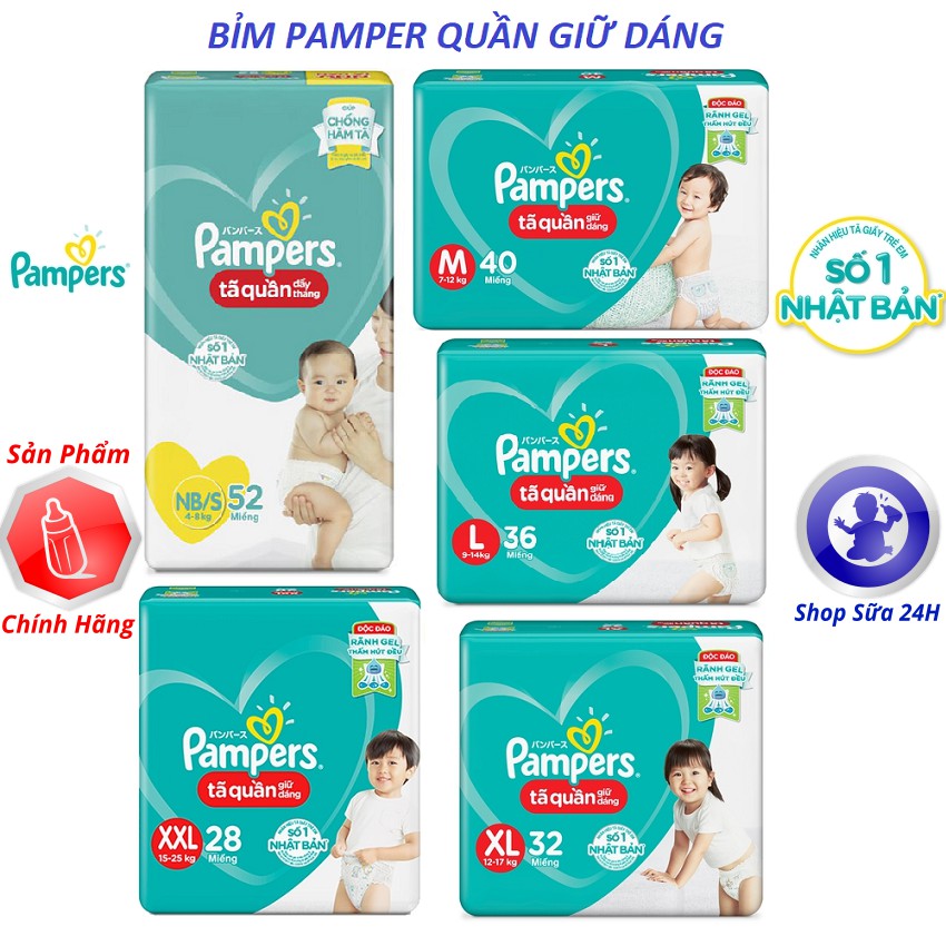 Tã/Bỉm quần Pampers Giữ Dáng Mới Gói Lớn S52/M40/L36/XL32/XXL28